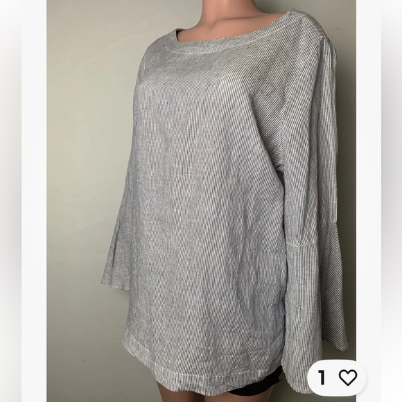 Cynthia Rowley Tops - Cynthia Rowley Women's 100% Linen Blouse Striped Blue Bell Sleeve Boho Size 1 X